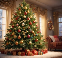 Softly falling snowflakes dance around a stunning Christmas tree adorned with gold ornaments and colorful festive decorations, soft light, golden ornaments, peaceful ambiance