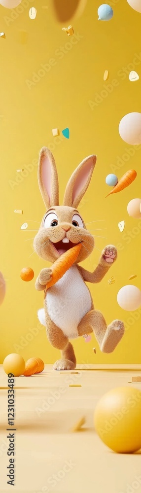 Poster joyful rabbit playing with colorful balls cheerful environment animated scene whimsical perspective 