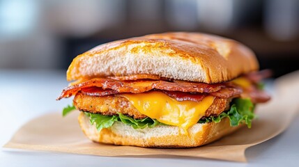 Gourmet sandwich creation featuring melting cheese and bacon delight