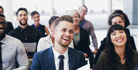 Business people, audience and smile for conference joke, training and manager with workshop...