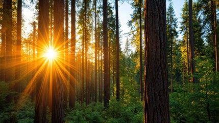 Obraz premium Golden rays illuminate a serene forest at dawn with vibrant greenery