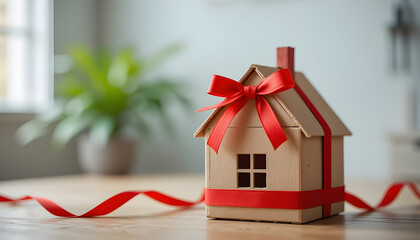 A house wrapped like a gift with a red ribbon and bow, symbolizing home, ownership, surprise, and celebration. Perfect for real estate, holiday, Christmas, or property sale concepts.

