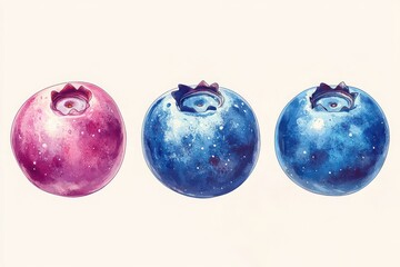 Three watercolor blueberries in different shades  
