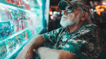 Veteran reflects on memories while browsing souvenir shops in the evening
