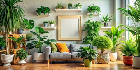 Bright Living Room with Blank Frame and Potted Plants â€“ Macro Photography of Cozy Interiors, Natural Elements, Home Decor, Indoor Plants, Minimalist Design, and Inviting Spaces