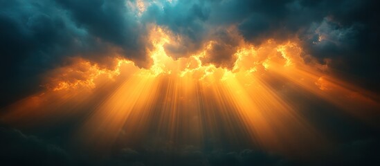Obraz premium Golden light rays bursting through dark clouds.
