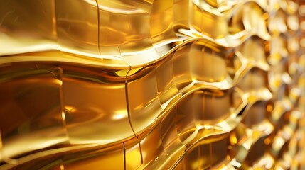A close-up of a textured, shimmering golden surface with wavy patterns.