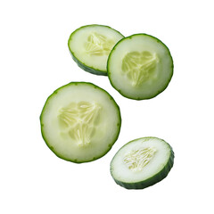 Four cucumber slices on a white background.