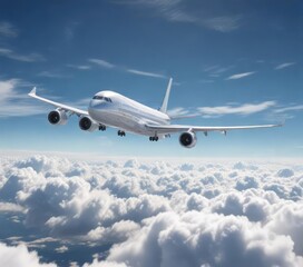 Obraz premium Panoramic view of an aeroplane flying across the vastness of a clear daytime sky with fluffy white clouds, flying, clear blue sky