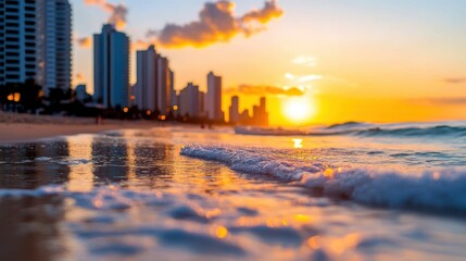 Majestic sunset casting golden hues over serene beachfront cityscape