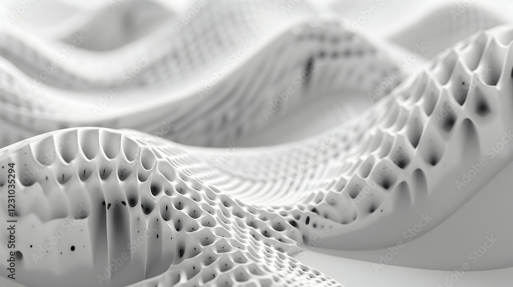 Poster abstract white wave-like structure with intricate patterns and textures.