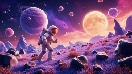 Space walk in vibrant setting.