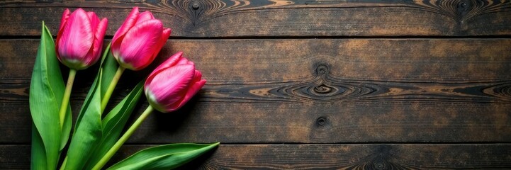 Pink tulip stem and leaves against rustic wooden background, rustic, wood