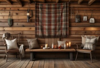 Plaid patterned wall hanging in a rustic cabin, rustic, plaid