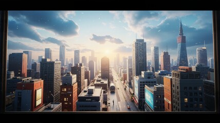 Sunset skyscrapers in city.