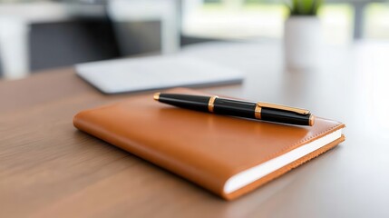 Elegant leather journal and fountain pen on a rustic wooden desk