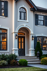 Fototapeta premium Elegant Home Exterior: Modern Architecture, Gray Facade, and Classic Design. Luxury Real Estate Property with Curb Appeal.
