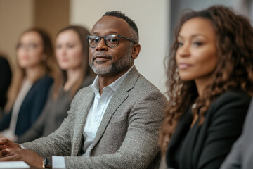 Fototapeta premium Man in suit and glasses sitting at table with group. Engaged in discussion, attentive expressions all around. Warm ambiance, possibly a business meeting or social gathering.