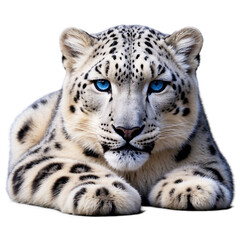 Obraz premium Snow leopard resting in a relaxed pose with thick white fur isolated on a clean PNG background, showcasing the beauty of this elusive big cat, ideal for wildlife illustrations, nature-themed designs, 