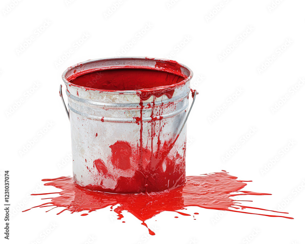 Aufkleber paint bucket spilling red paint, creating vibrant splash on transparency background. scene captures 