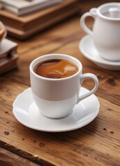 Rich brown coffee beverage in a white ceramic cup on a wooden table , foam art, steaming hot