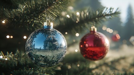 Colorful Christmas Ornaments Hanging on a Pine Tree Branch