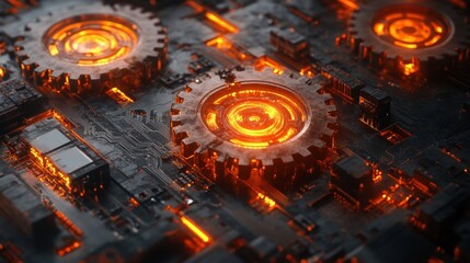 Futuristic Gear Elements with Fiery Glow on Circuit Board Background