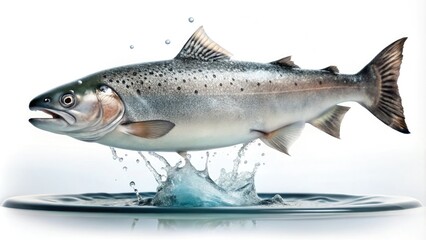 Naklejka premium Salmon swimming in a small isolated pool with a white background and visible dripping slime on the pool's surface, aquarium, salmon, water, pool