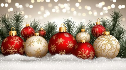 Festive Christmas Ornaments with Snow and Glittering Bokeh Lights