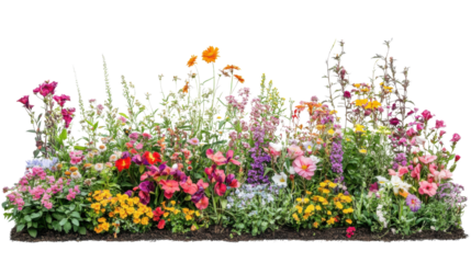 Colorful flower bed blooming in garden with transparent background