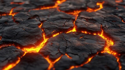 Glowing Lava Cracks on Black Volcanic Rock Surface in Close-Up