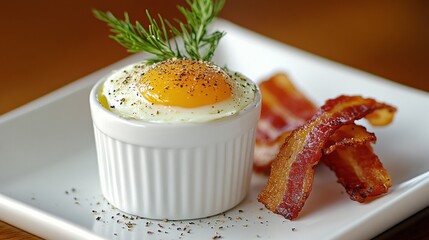 Creamy Baked Egg with Crispy Bacon and Fresh Herb Garnish
