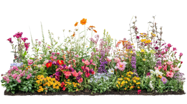 Colorful flower bed blooming in garden with transparent background