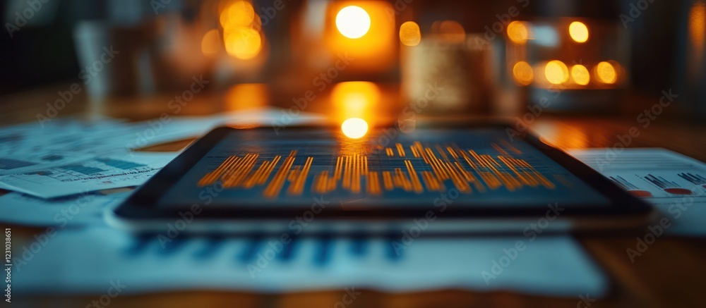 Poster tablet displaying graphs on a wooden table with papers and candles in the background.