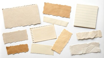 Set of assorted paper scraps in various shapes and sizes isolated on a white background, paper shapes, office supplies