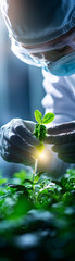 A botanist carefully nurturing a young plant in a greenhouse setting.
