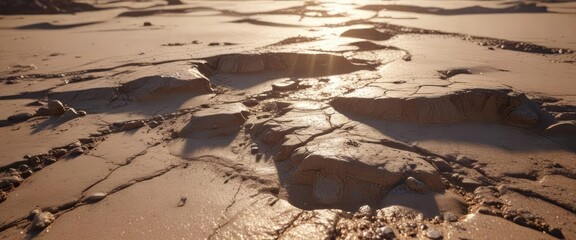 Shimmering molten sand visible through cracks in the earth surface, desert landscape feature, glowing soil