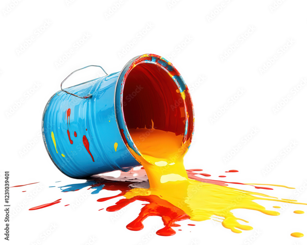 Aufkleber spilled paint bucket with vibrant yellow and red paint flowing out, creating colorful mess on transp