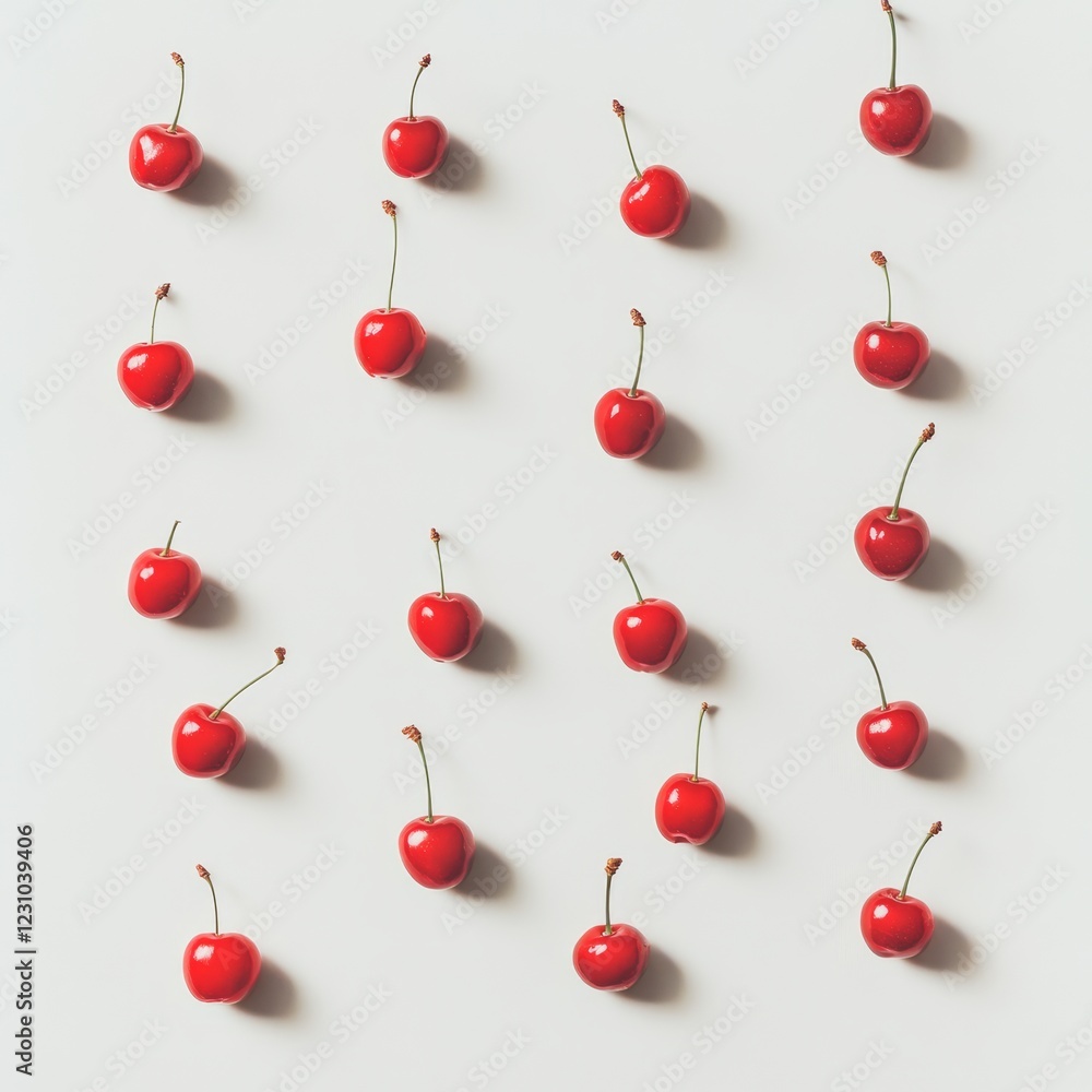 Poster flat lay of fresh red cherries arranged in rows on a white background.