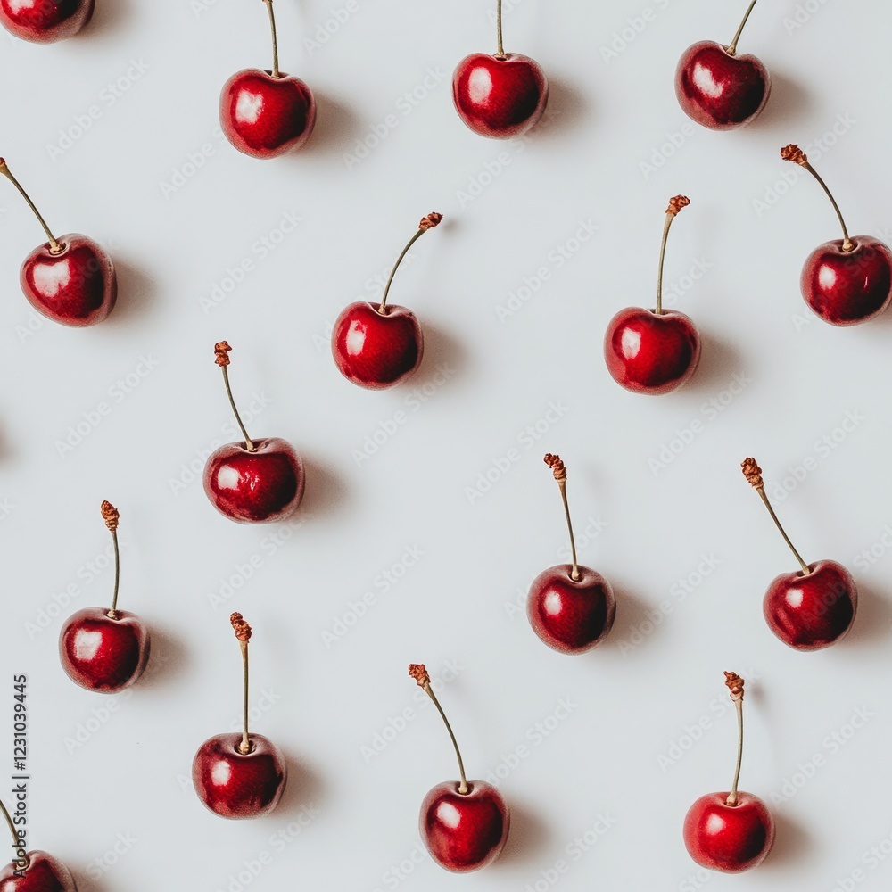 Poster flat lay of fresh cherries arranged in a repeating pattern on a white background.