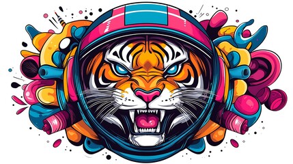 Obraz premium Colorful illustration of a fierce tiger wearing a space helmet surrounded by vibrant abstract shapes