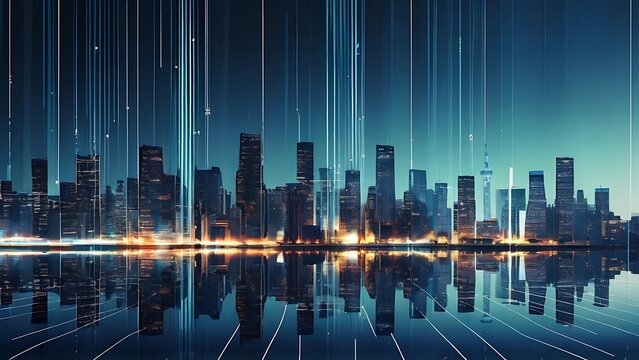 A futuristic cityscape with illuminated skyscrapers is depicted with vertical lines appearing to fall like data streams over the skyline technology business concept
