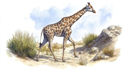 Obraz premium Graceful Giraffe Walking Through a Sunlit Desert Landscape