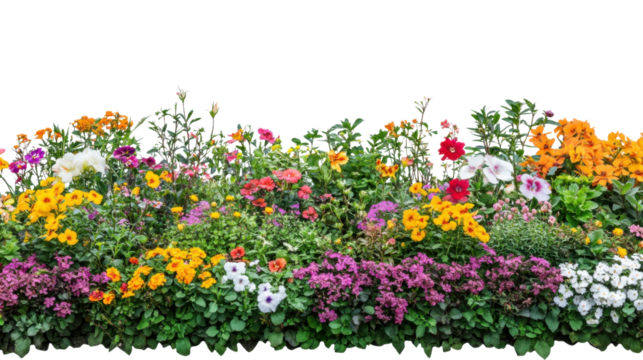Colorful flower bed blooming with various flowers on transparent background
