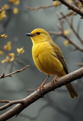 Obraz premium Small yellow bird perched on a bare tree branch, bare tree, bird on branch