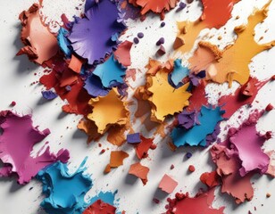Fototapeta premium Smashed eyeshadow colors on a white background, shattered eyeshadows, makeup mayhem, colorless chaos