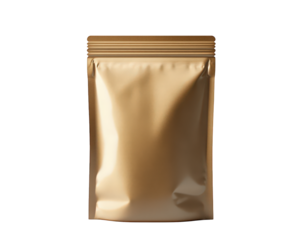 Sleek stand up pouch packaging in shiny gold finish, perfect for various products. Ideal for food, snacks, or cosmetics, this versatile design enhances shelf appeal