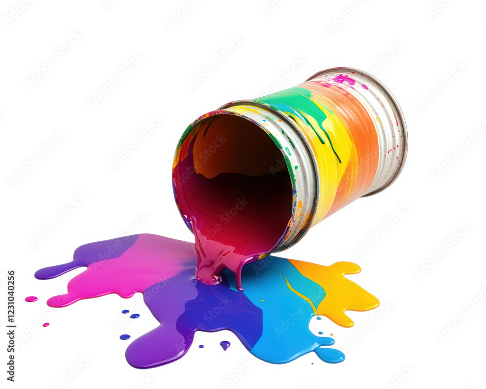 Aufkleber spilled paint bucket with vibrant colors creating colorful puddle on transparency background. scene 