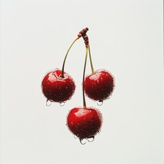 Three ripe red cherries with water droplets on stems against a white background.