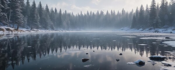 Fototapeta premium Snowflakes gently falling on a frozen lake on Christmas Day, frosted water, winter wonderland scenery